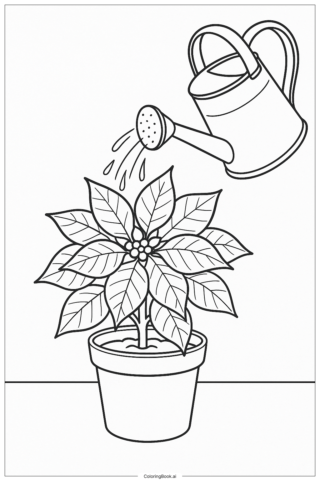 Poinsettia Plant Being Watered Coloring Page