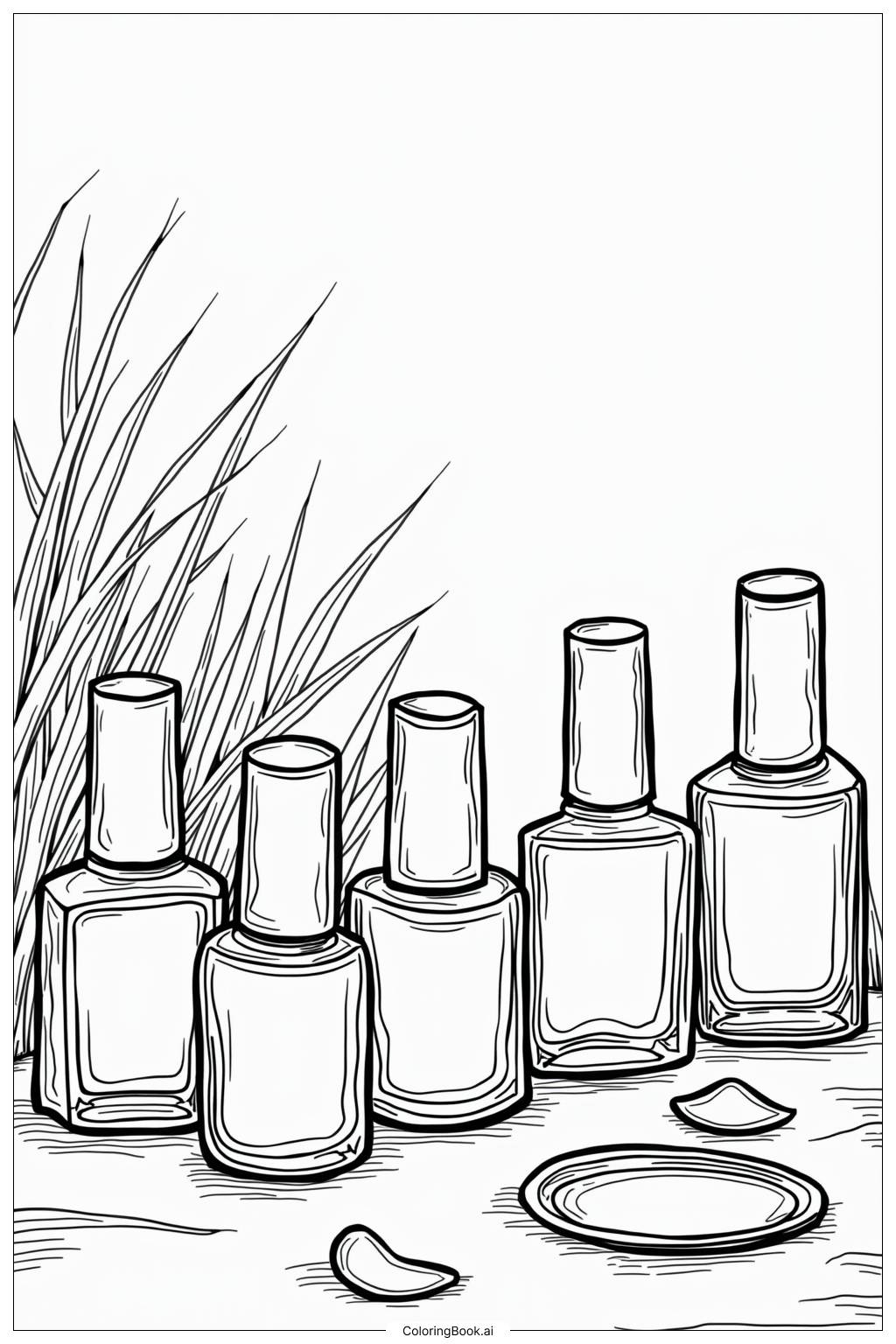  Page de coloriage Ongles entourés de flacons de vernis à ongles 