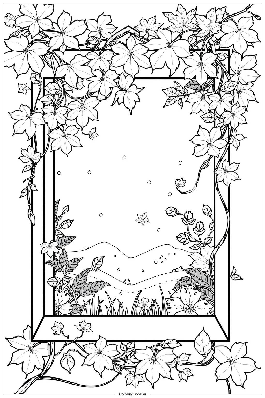  Leafy Frame with Maple and Clover-2 Coloring Page 