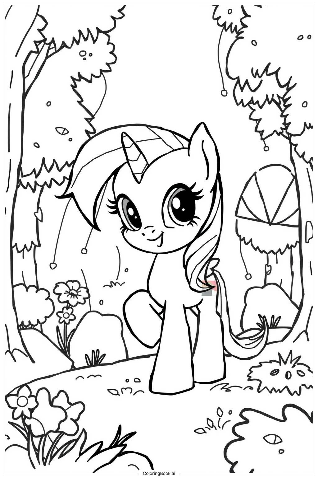  Page de coloriage Mon Petit Poney Sunset Shimmer dans une Forêt Magique 