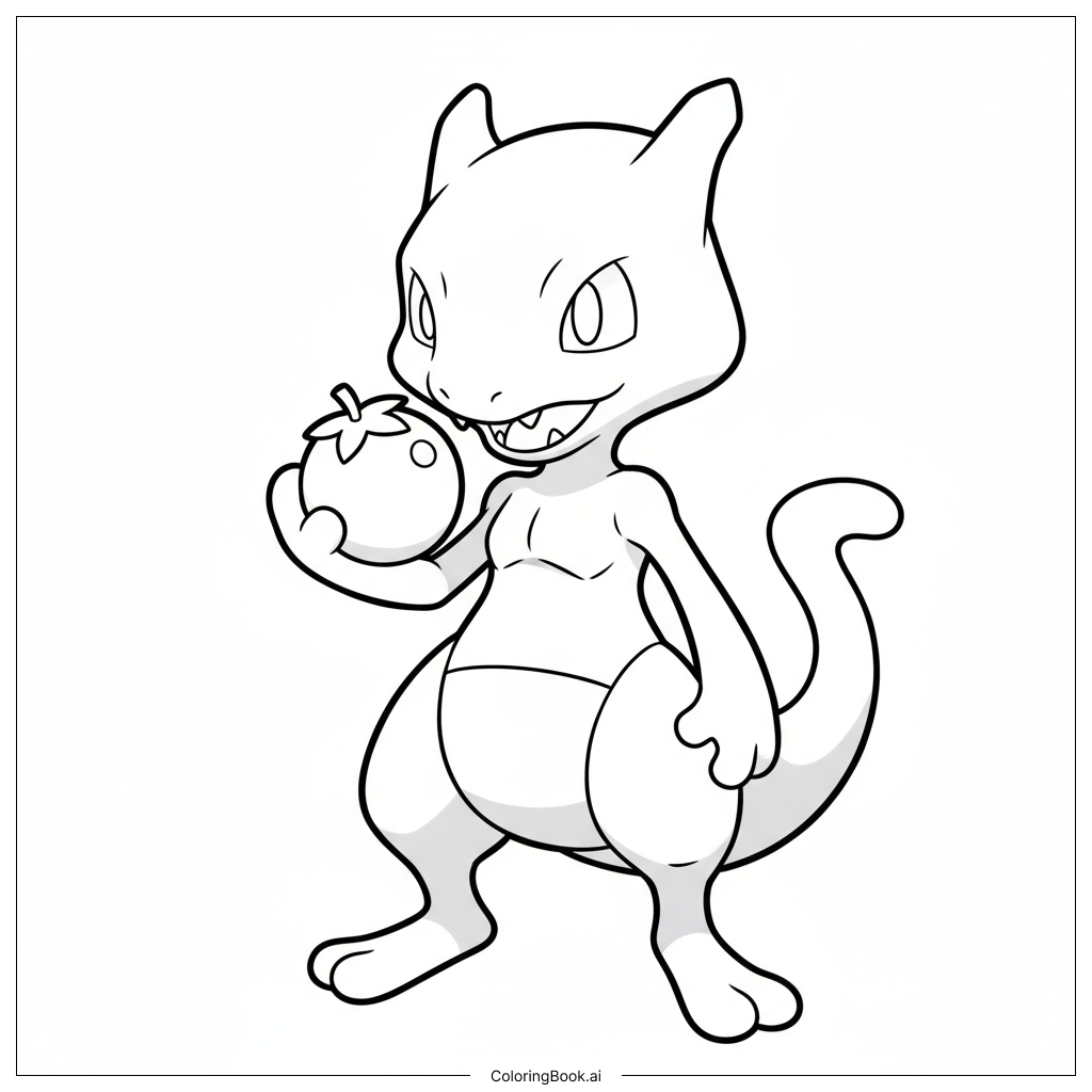  Page de coloriage Chibi Mewtwo tenant joyeusement une tomate fraîche 