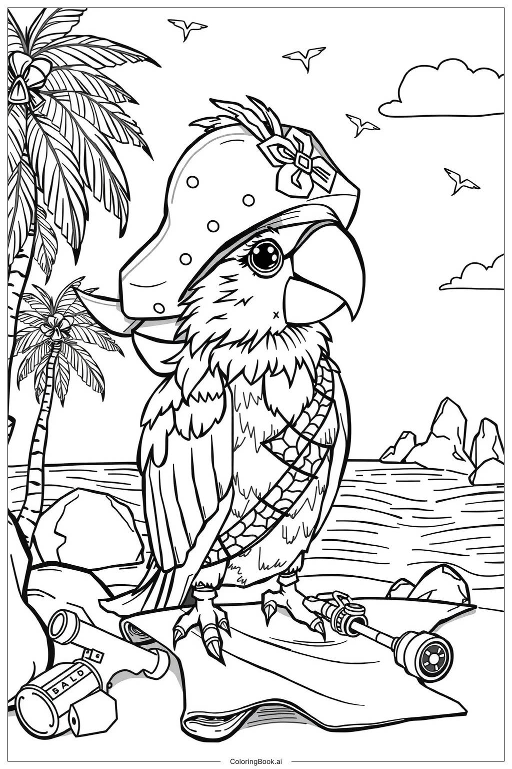  Page de coloriage Perroquet Pirate Découvrant une Île Cachée 