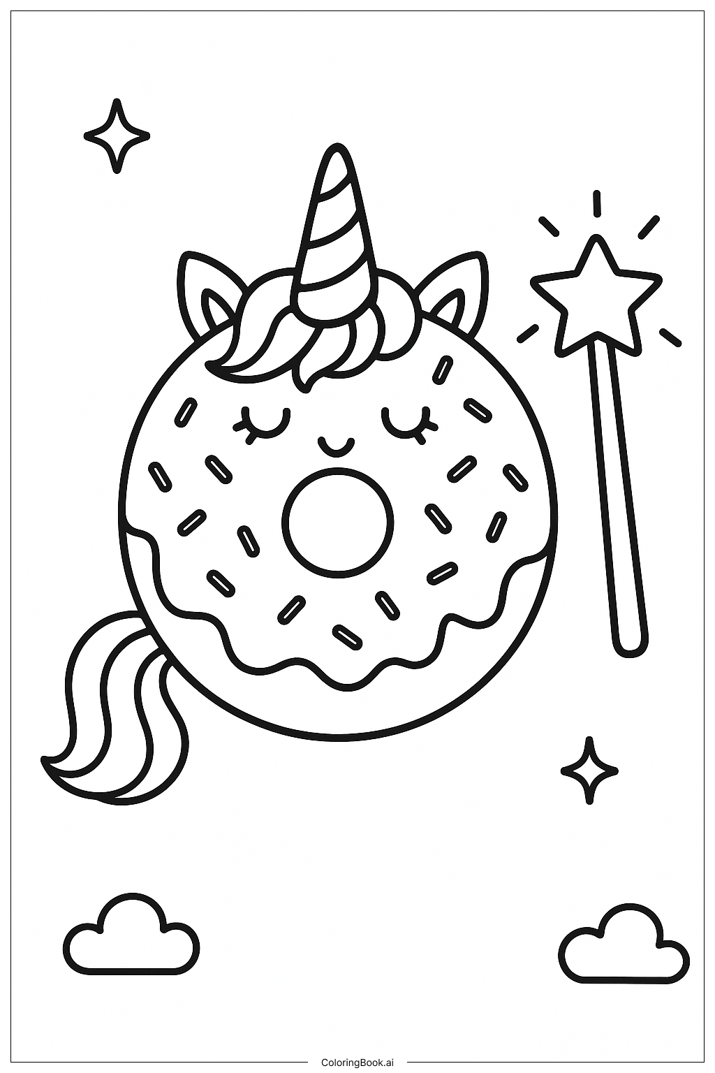  Unicorn Donut With Magic Wand Coloring Page 