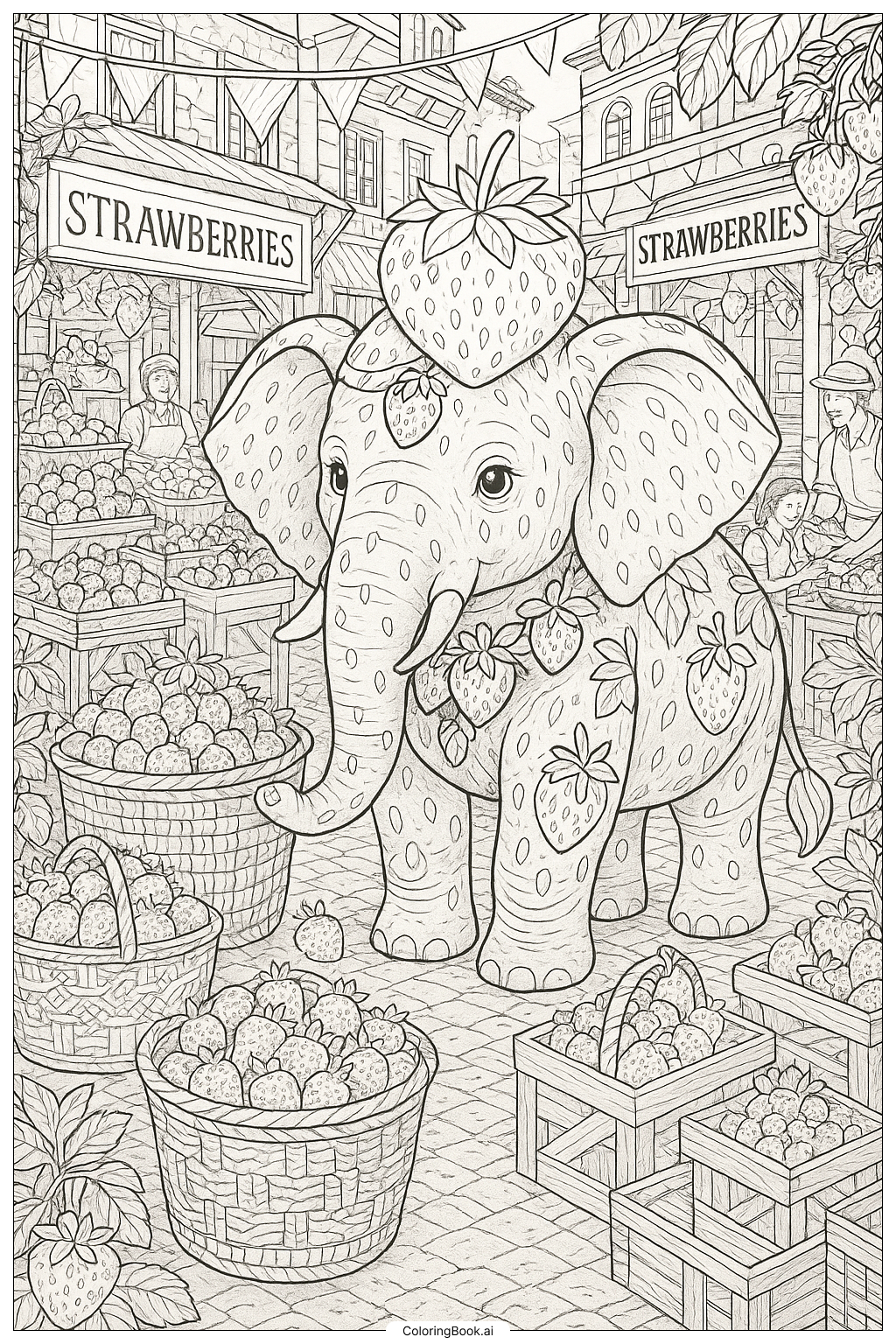  草莓大象在热闹的草莓市场填色页 