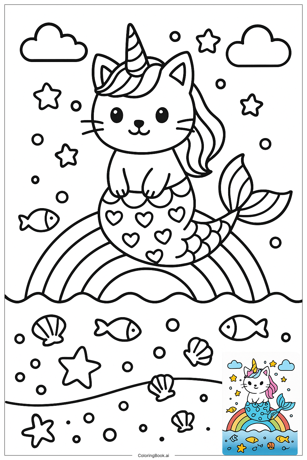  Unicorn Kitty Mermaid On A Rainbow Coloring Page 