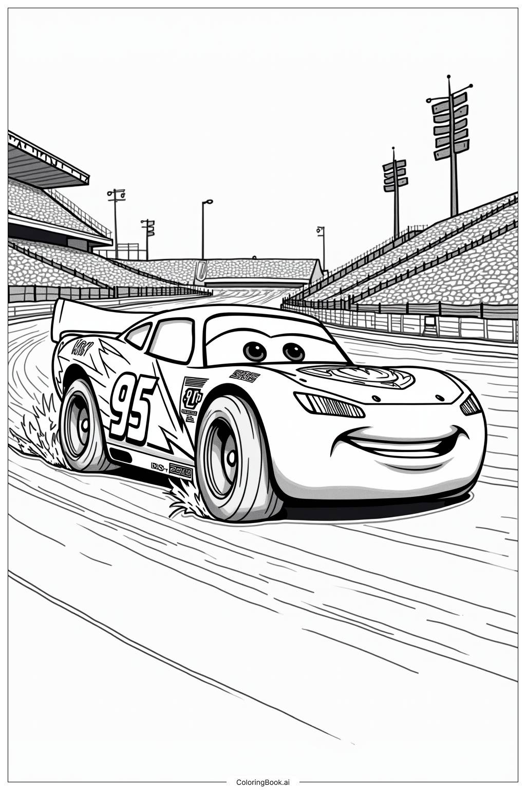  Página para colorir de Lightning McQueen Praticando em uma Pista de Corrida 