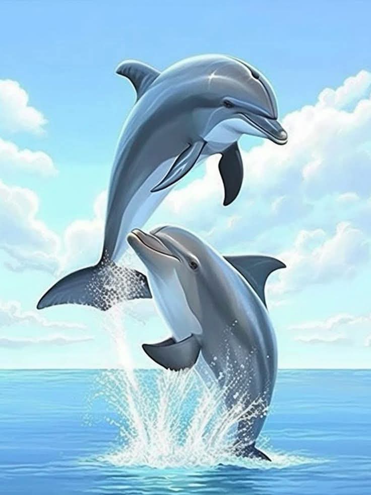 Delfines saltando alegremente a través de las olas bajo un cielo nublado