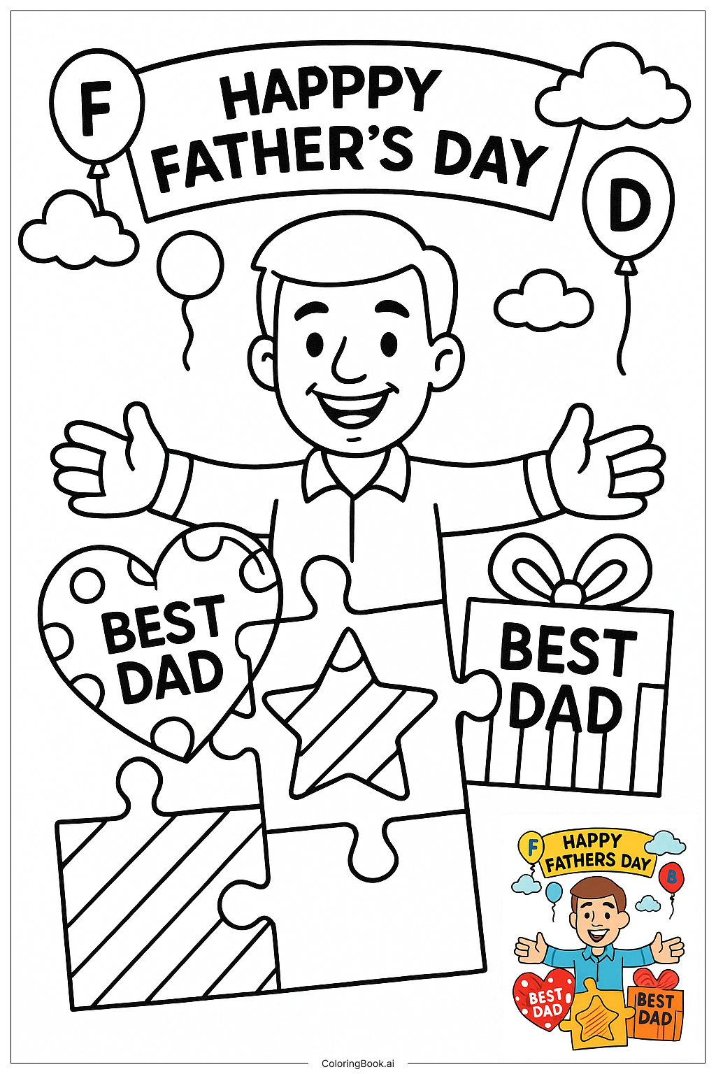  Página para colorir de Papai com Peças de Quebra-Cabeça para o Dia dos Pais 