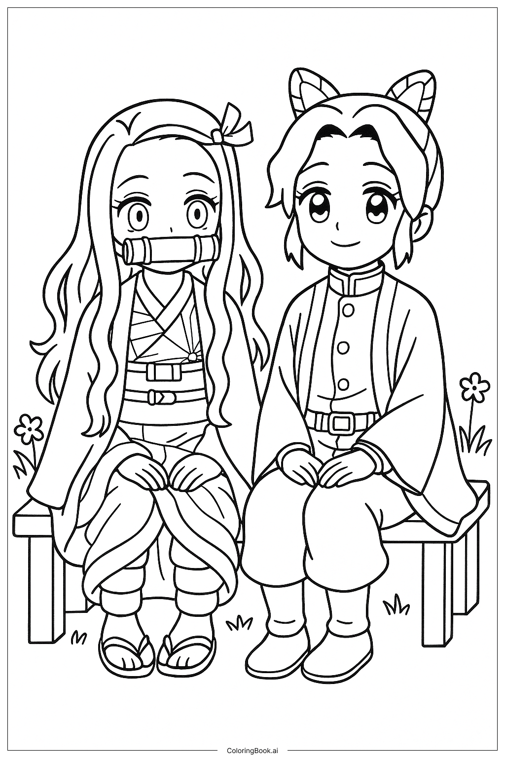  Página para colorear de Nezuko y Shinobu sentadas juntas 
