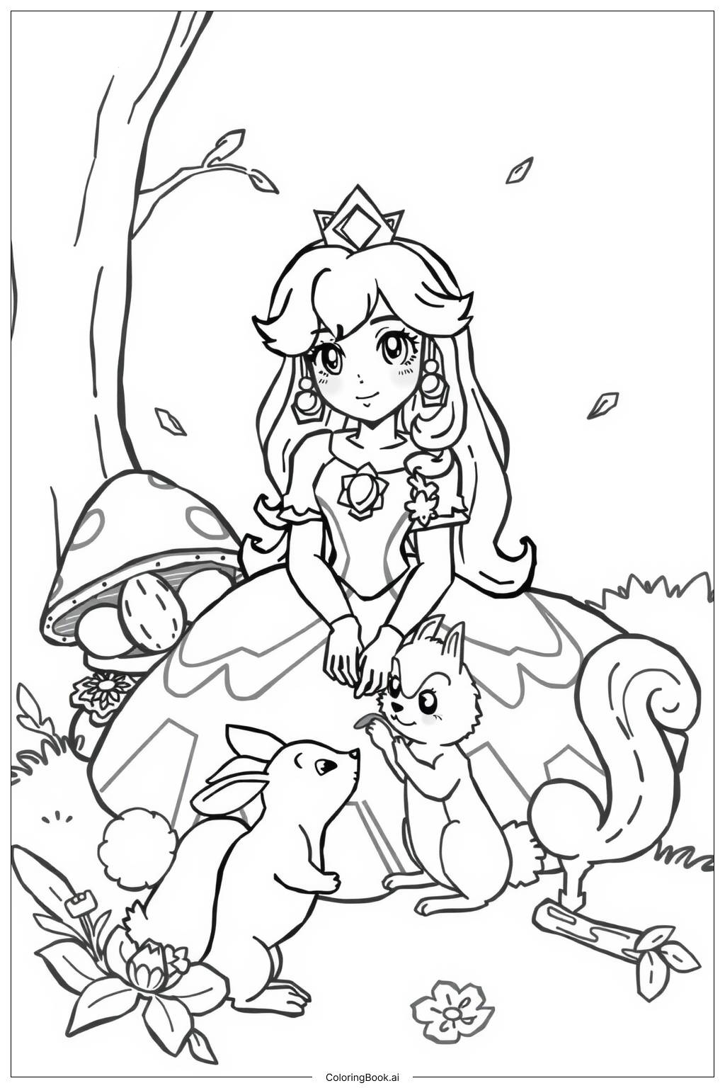  Page de coloriage La Princesse Peach jouant avec des animaux des bois 