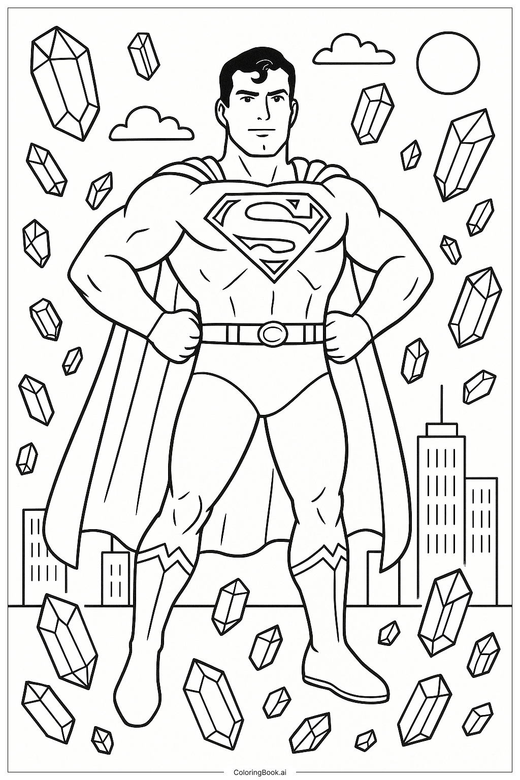  Página para colorear de Superman rodeado de kriptonita verde 