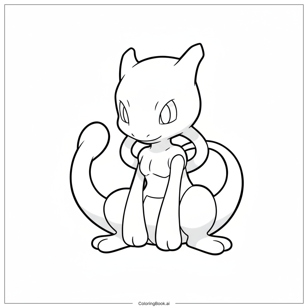  Page de coloriage Mewtwo Chibi Mignon Assis et Souriant 