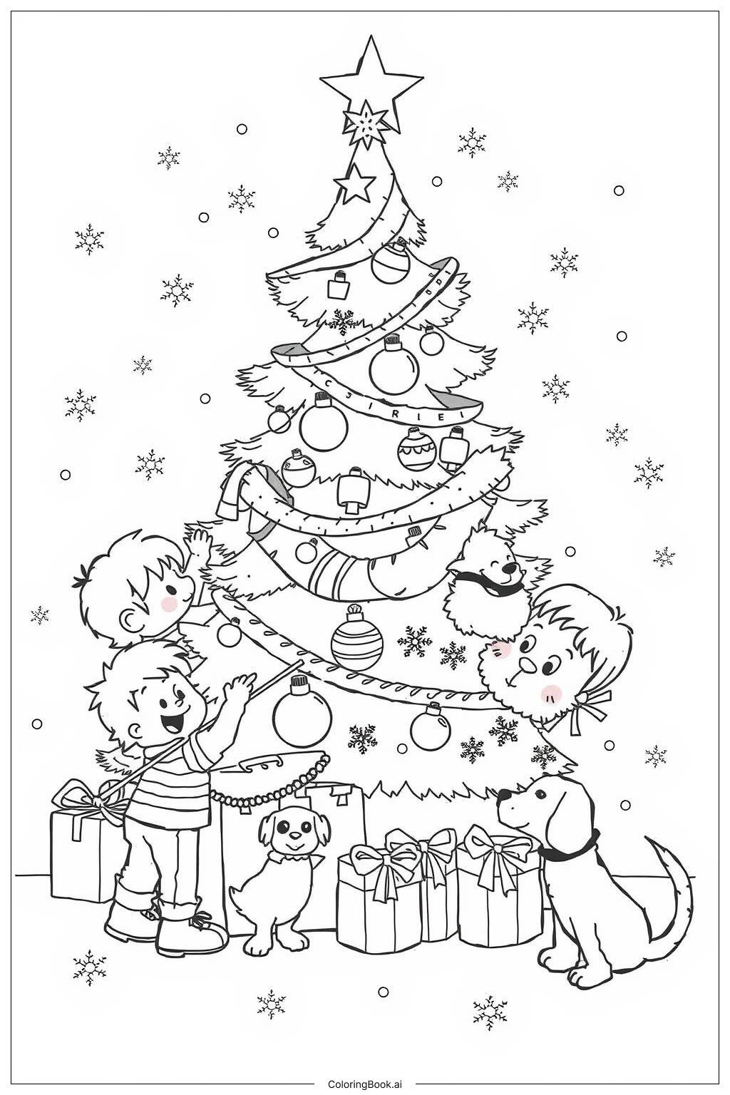  Página para colorear de Hora de decorar el árbol de Navidad 