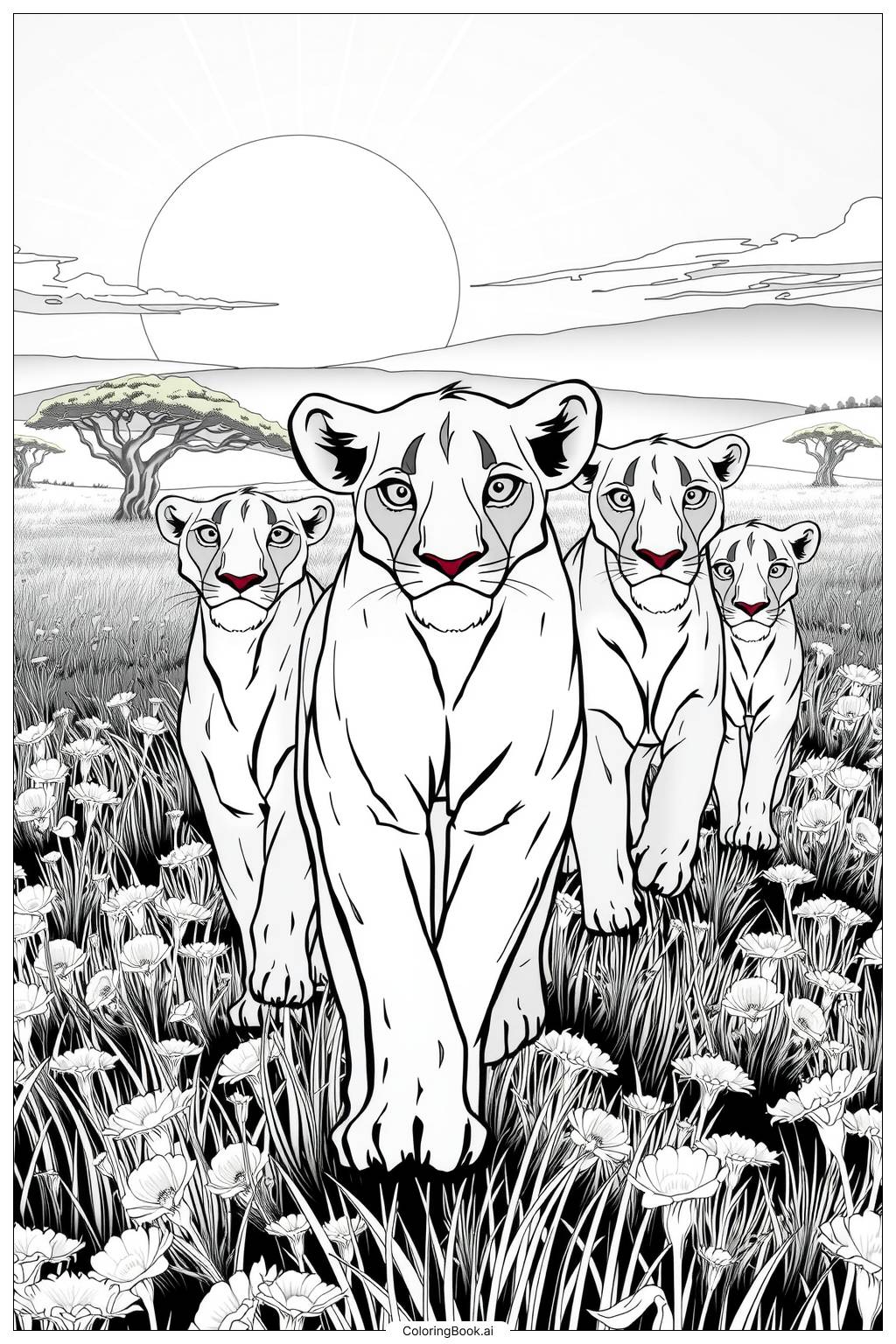  Page de coloriage le roi lion Nala menant la fierté à travers la savane 