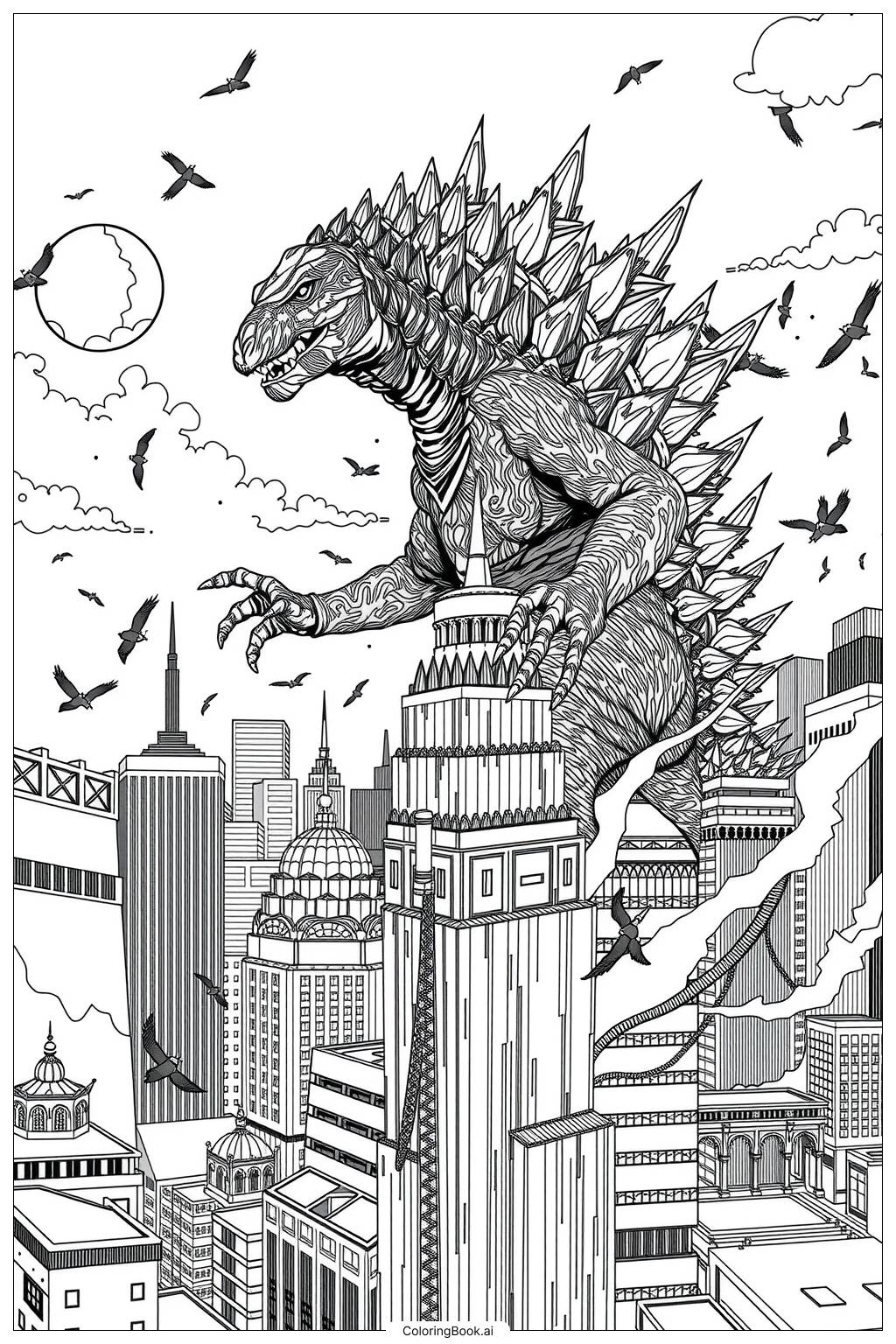  Página para colorear de mega godzilla destruyendo rascacielos 