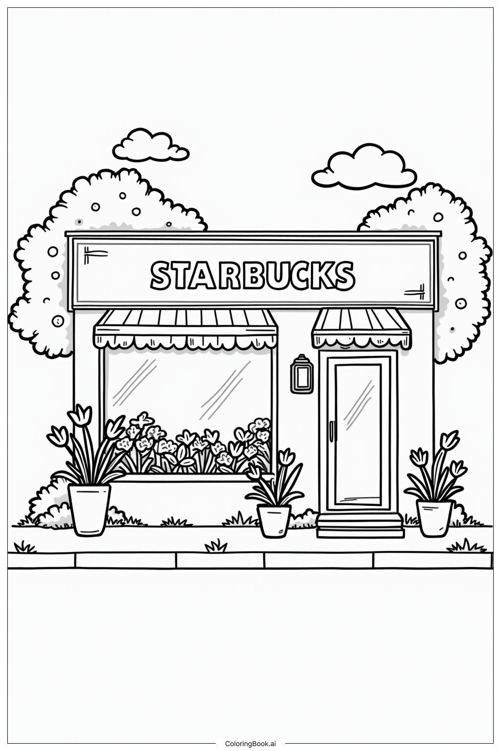  Page de coloriage Devanture Starbucks Avec Décor Floral 