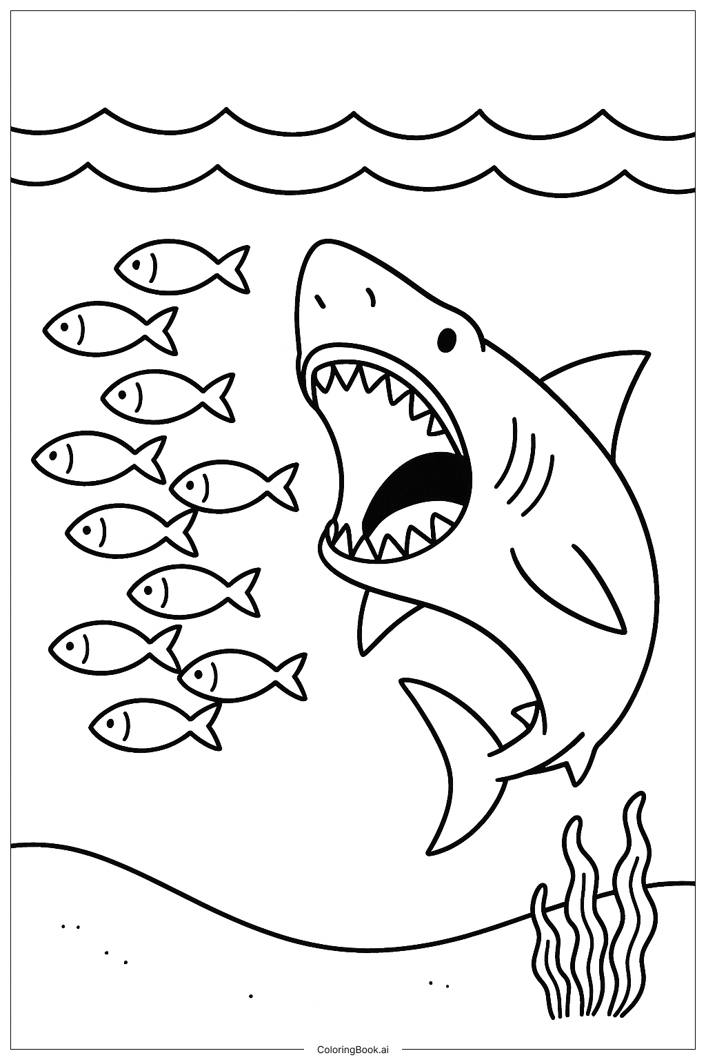  Megalodon, der einem Fischschwarm nachjagt Ausmalseite 