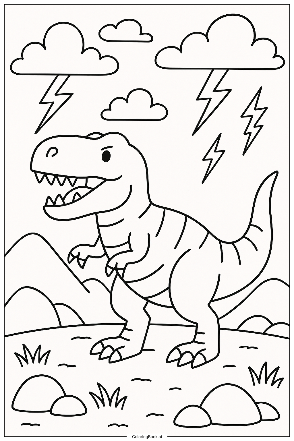  Página para colorir de T-Rex Em Uma Paisagem Tempestuosa 