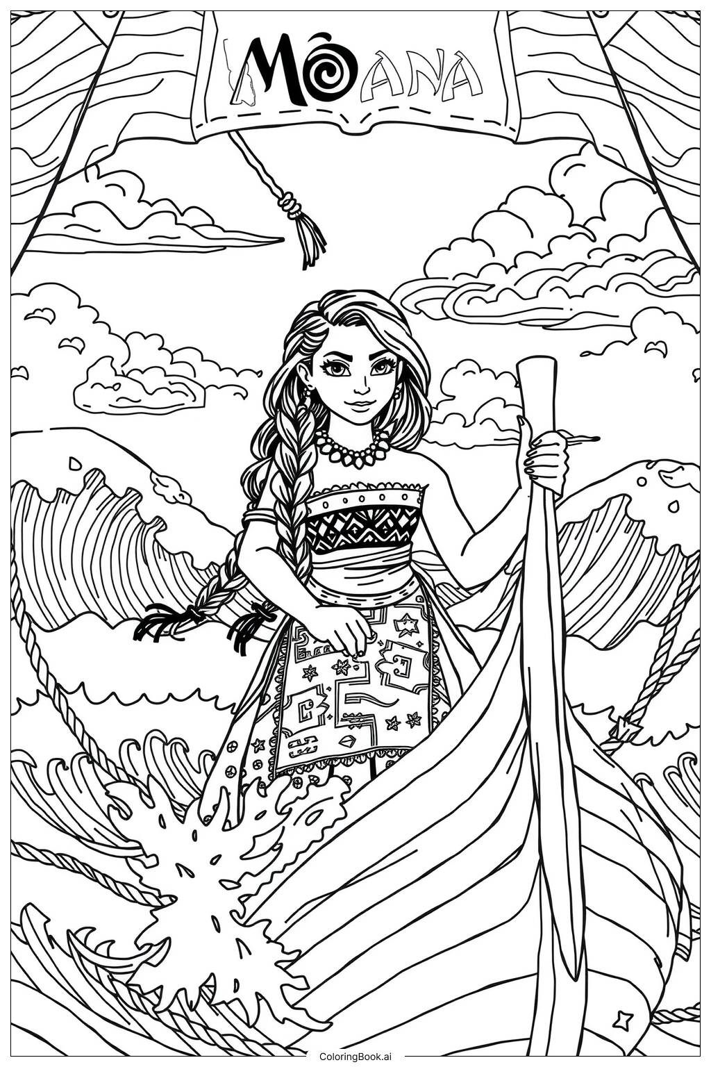  Moana sailing on the ocean Coloring Page 