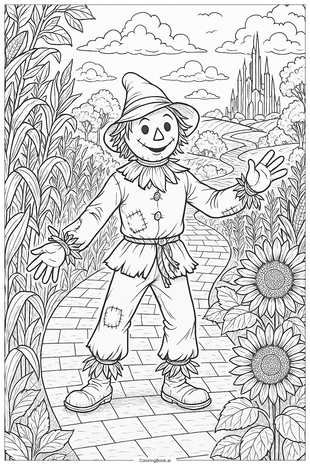 Scarecrow On The Yellow Brick Road Coloring Page