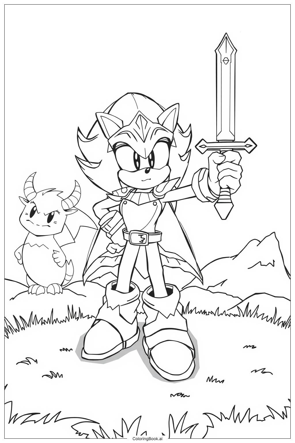  Página para colorir de excalibur sonic enfrentando um dragão com sua espada 