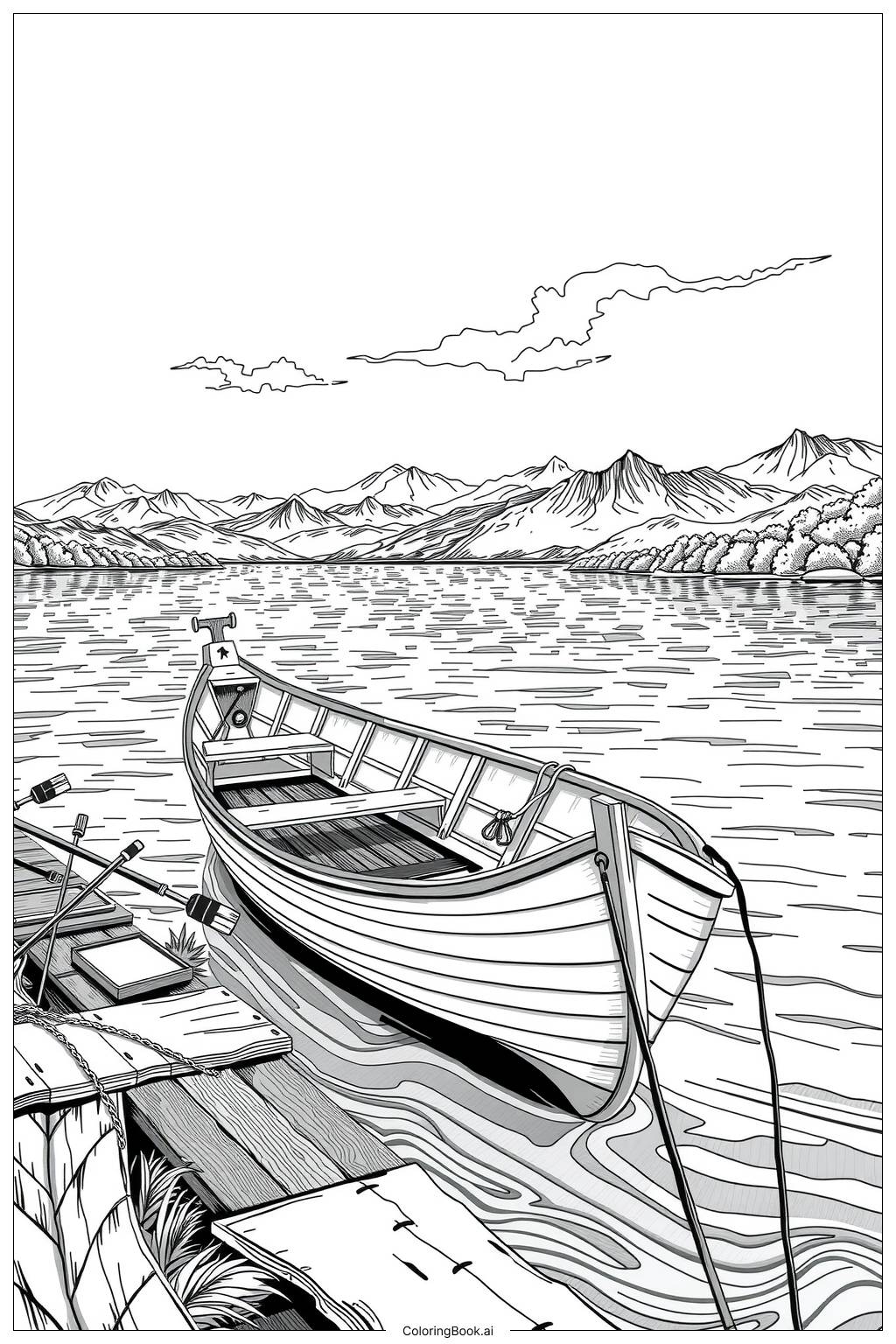  Page de coloriage Bateau de pêche sur un lac paisible 