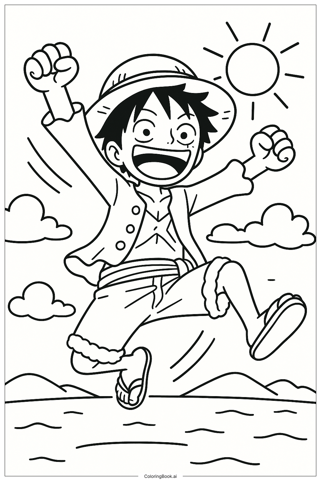 空中でジャンプするルフィの塗り絵ページ 