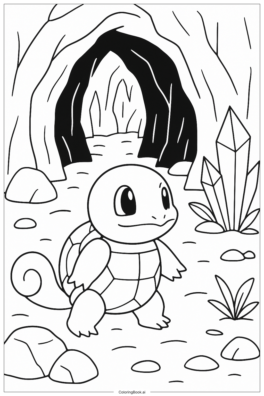  Página para colorear de Squirtle Explorando Una Cueva Misteriosa 