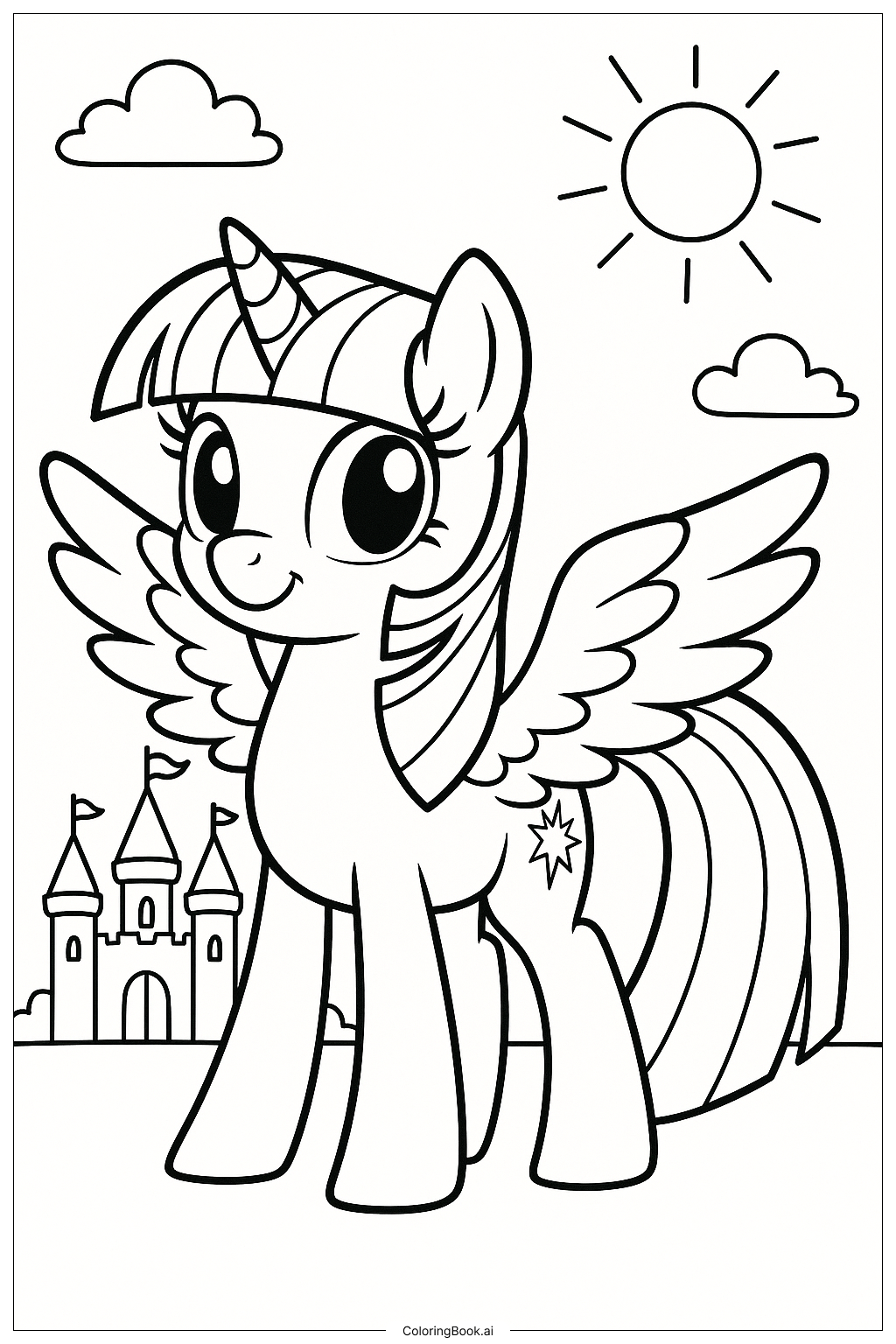  Page de coloriage Twilight Sparkle avec ses ailes largement déployées 