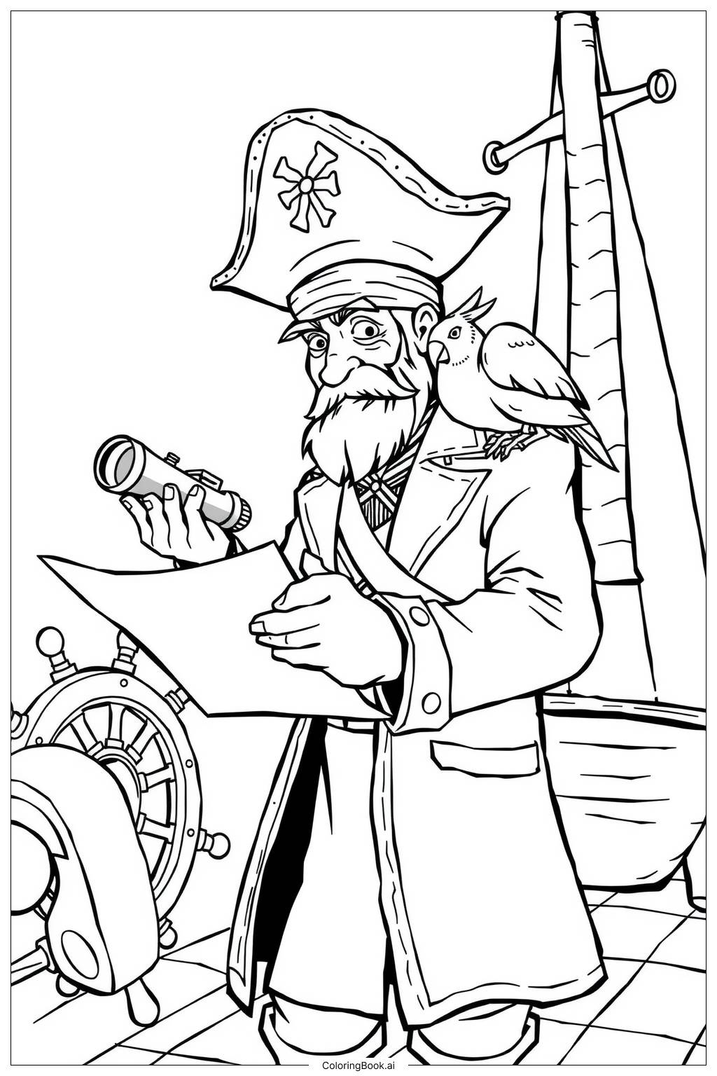  Pirate Captain with Telescope and Map-2 Coloring Page 