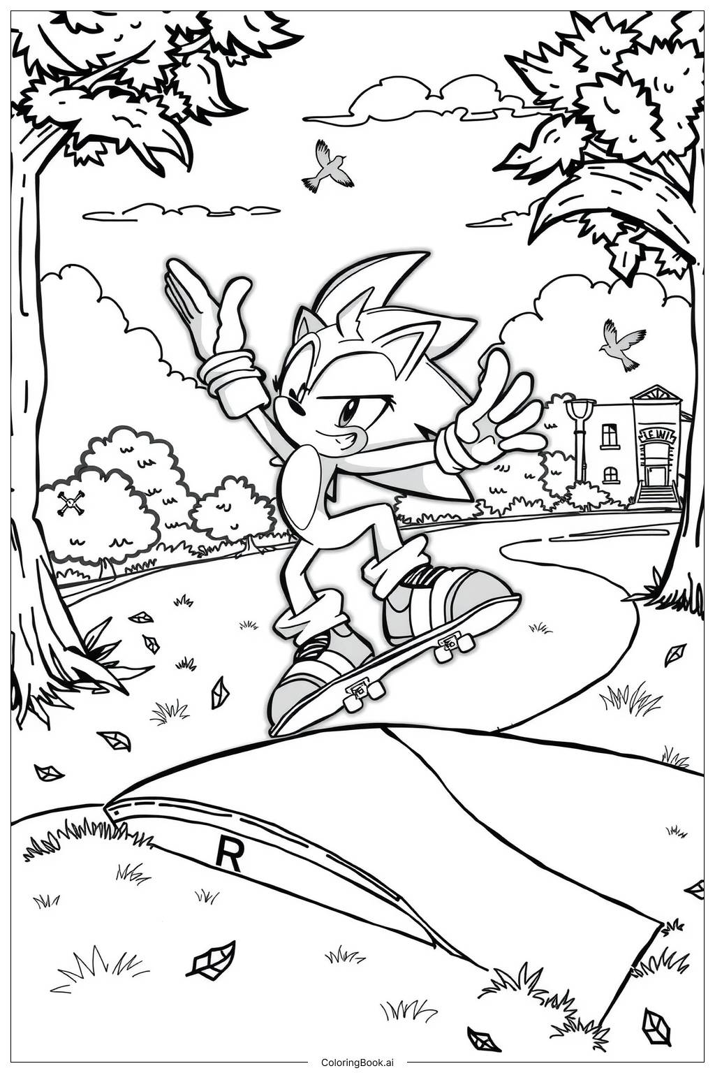  Página para colorir de sonic patinando em um parque ensolarado-2 