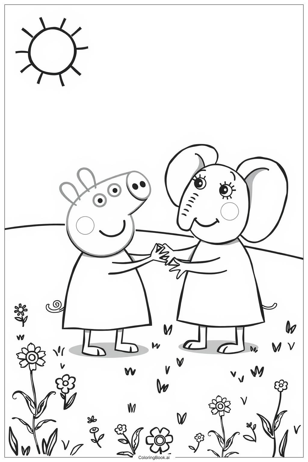  Página para colorear de Peppa Pig y Emily Elephant jugando juntas 