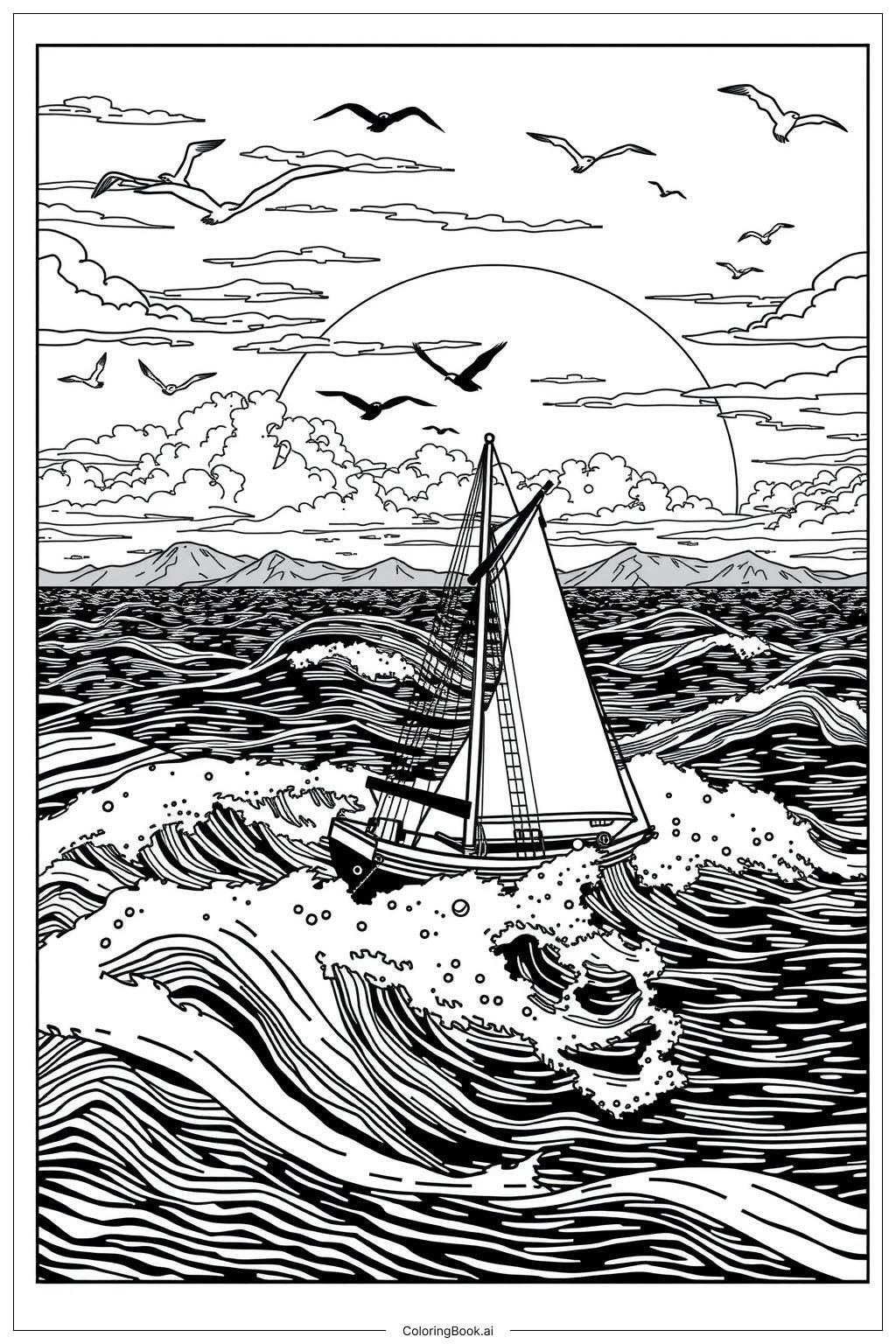  Page de coloriage Voilier lors d'une croisière au coucher du soleil 