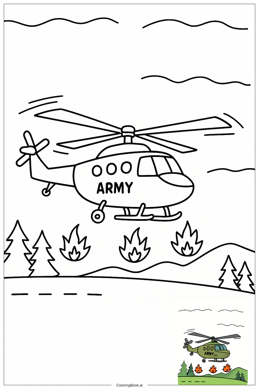  Page de coloriage Hélicoptère de l'armée évitant le feu 
