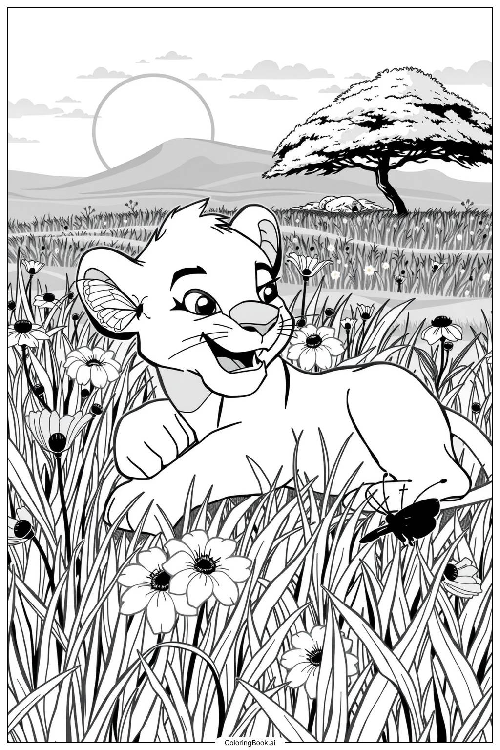  lion king simba playing with a butterfly Coloring Page 