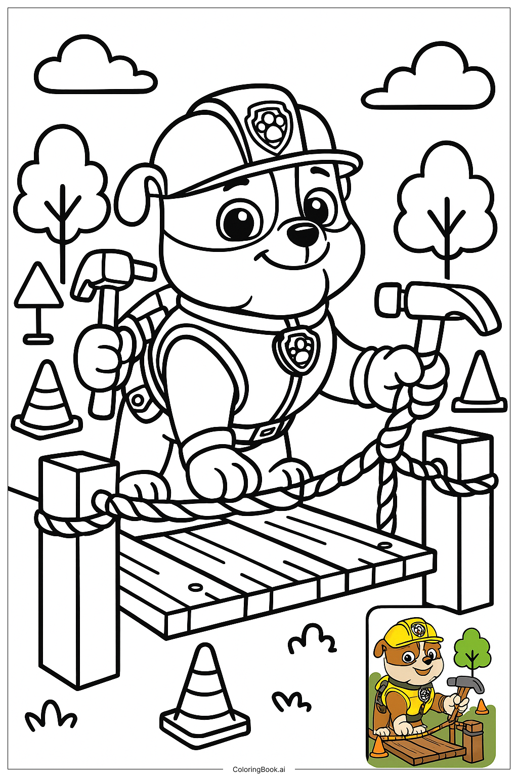  Página para colorir de Paw Patrol Rubble Construindo a Ponte 