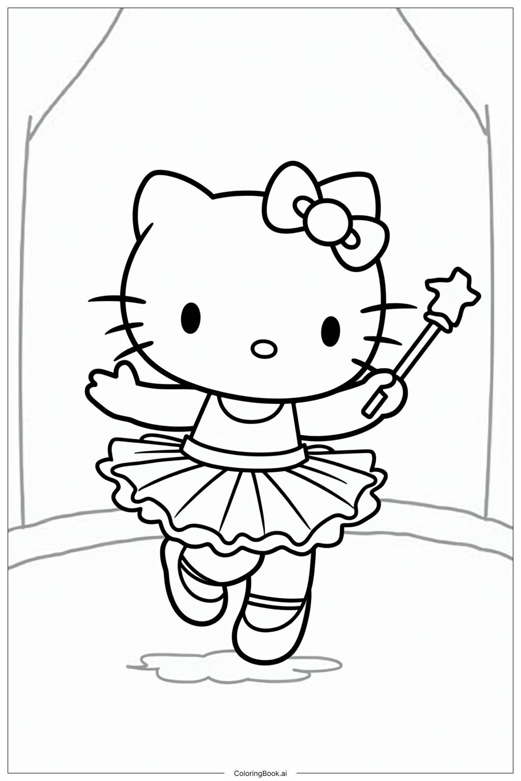  Página para colorear de Hello Kitty Bailarina con una Varita Mágica 