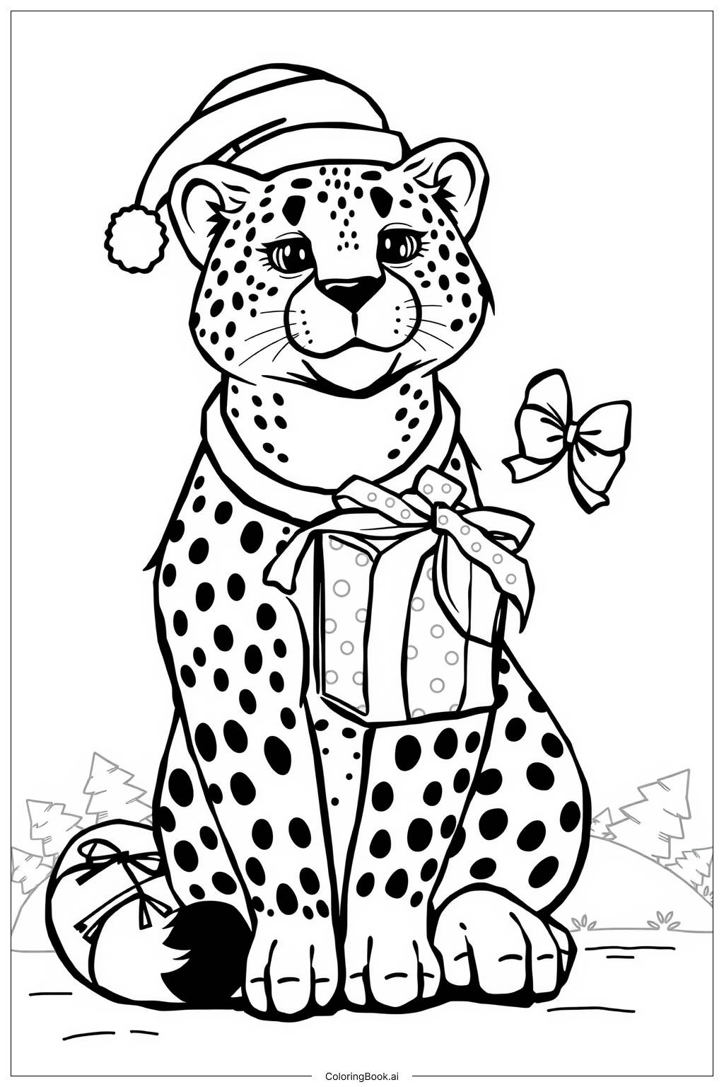  Page de coloriage cadeau de Noël guépard 