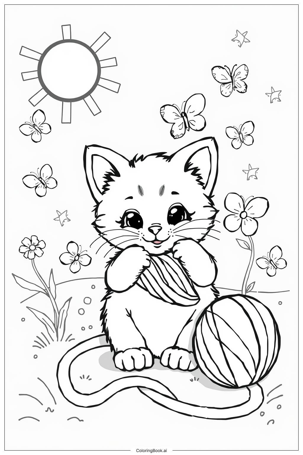  Page de coloriage Chaton avec une pelote de fil colorée 