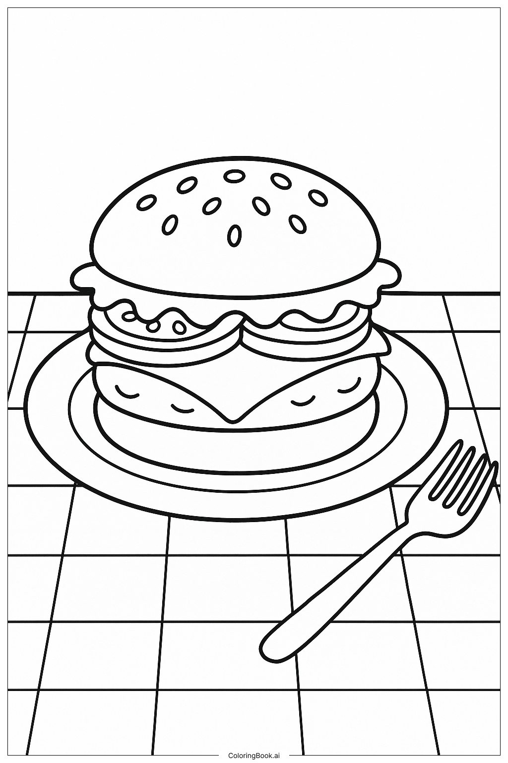  Page de coloriage Un hamburger sur une assiette avec une fourchette 