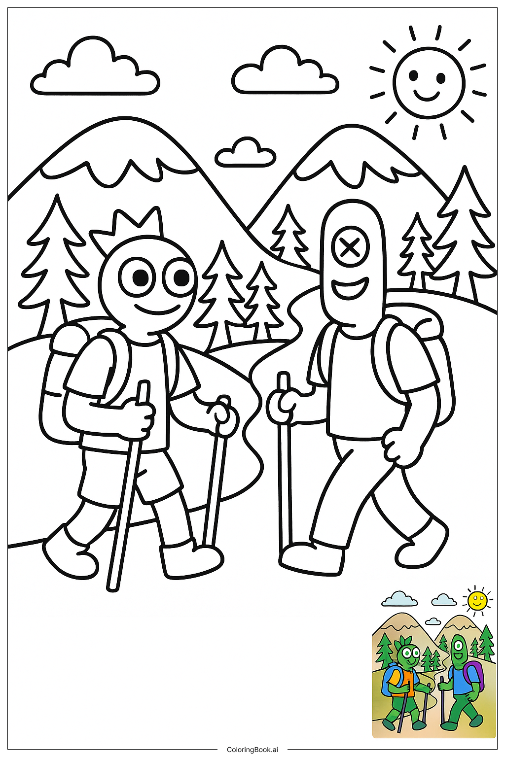  Green Rainbow Friends Hiking Mountains Coloring Page 