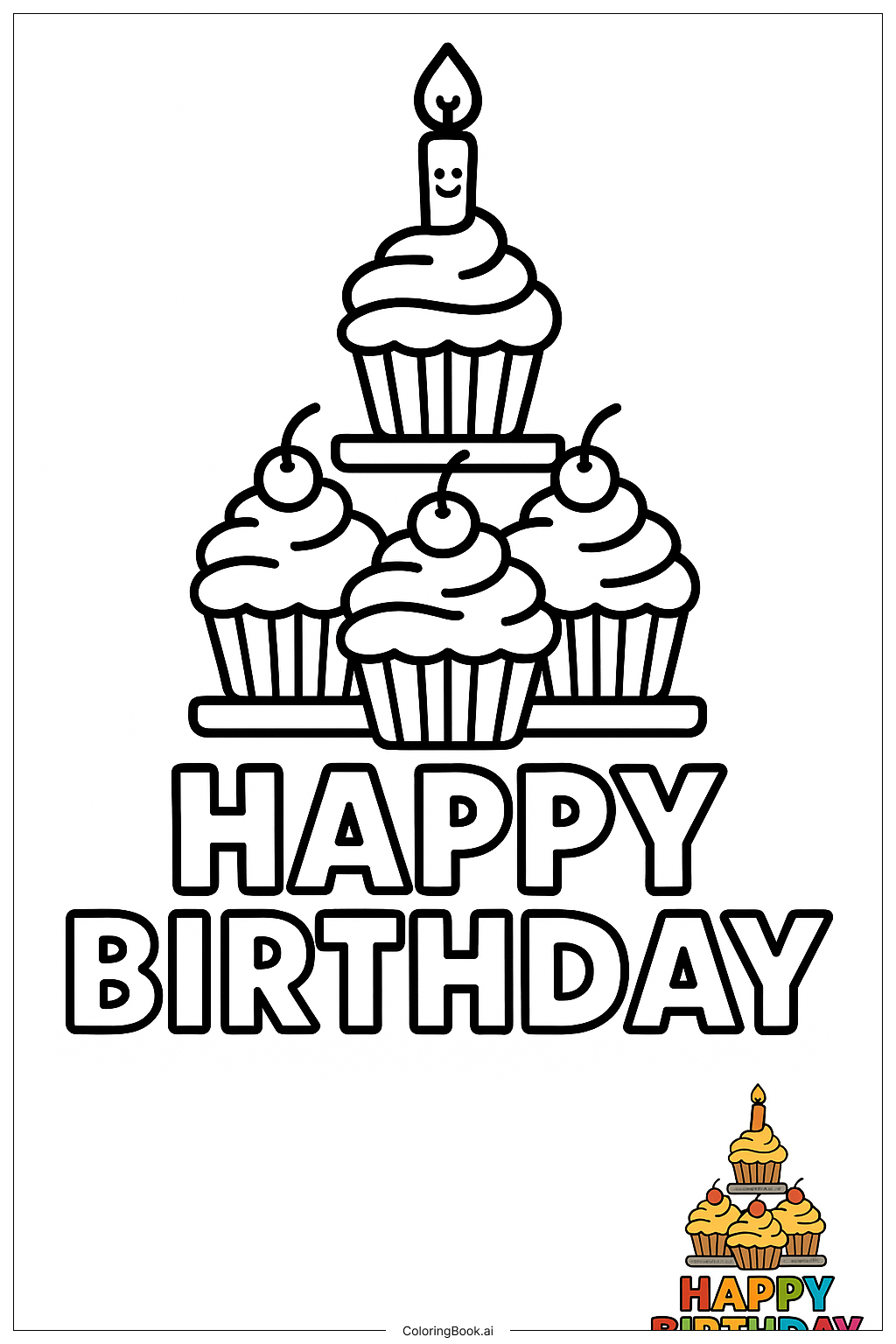 Happy Birthday Cupcake Tower Coloring Page 