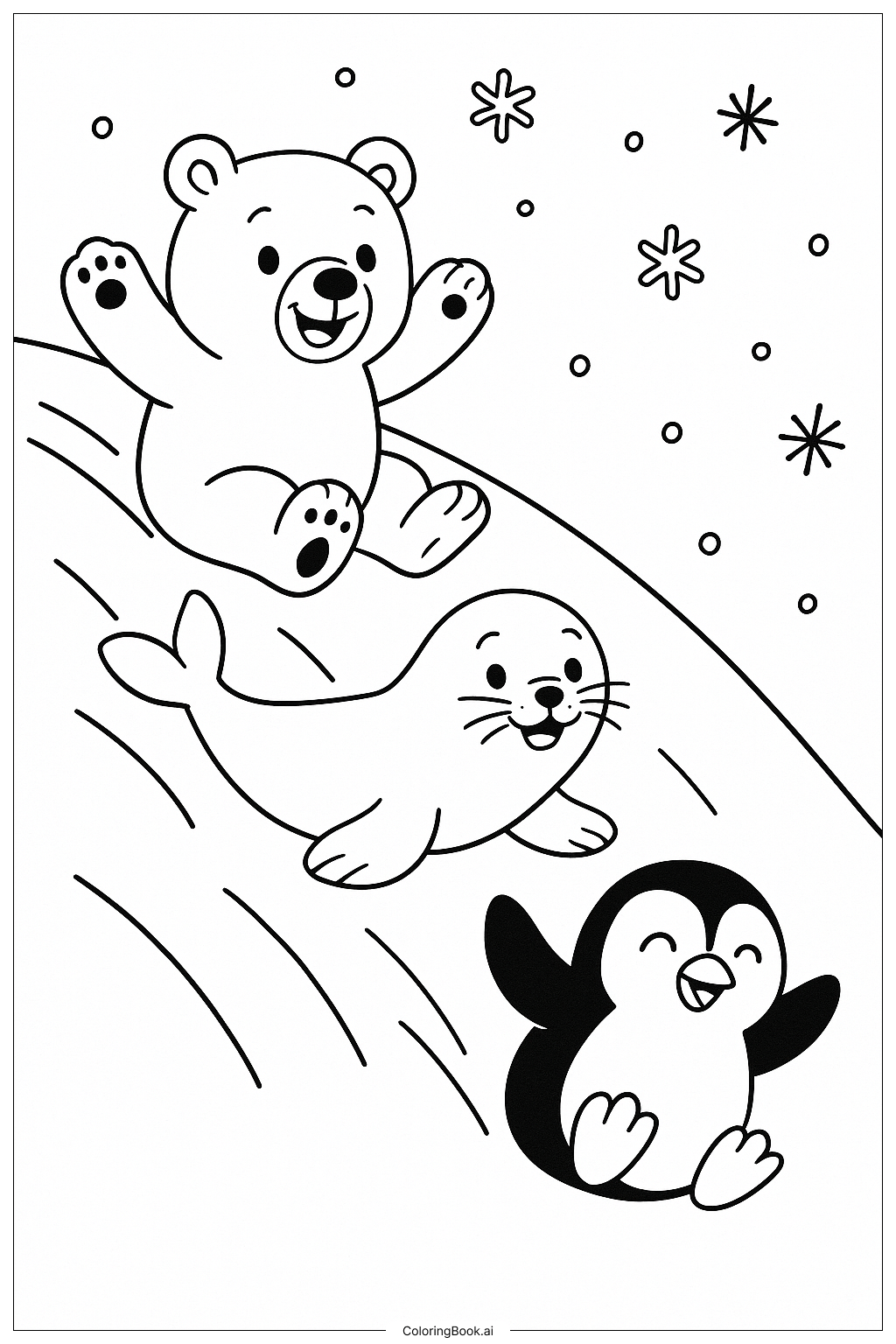  雪山をすべる北極の動物たちの塗り絵ページ 