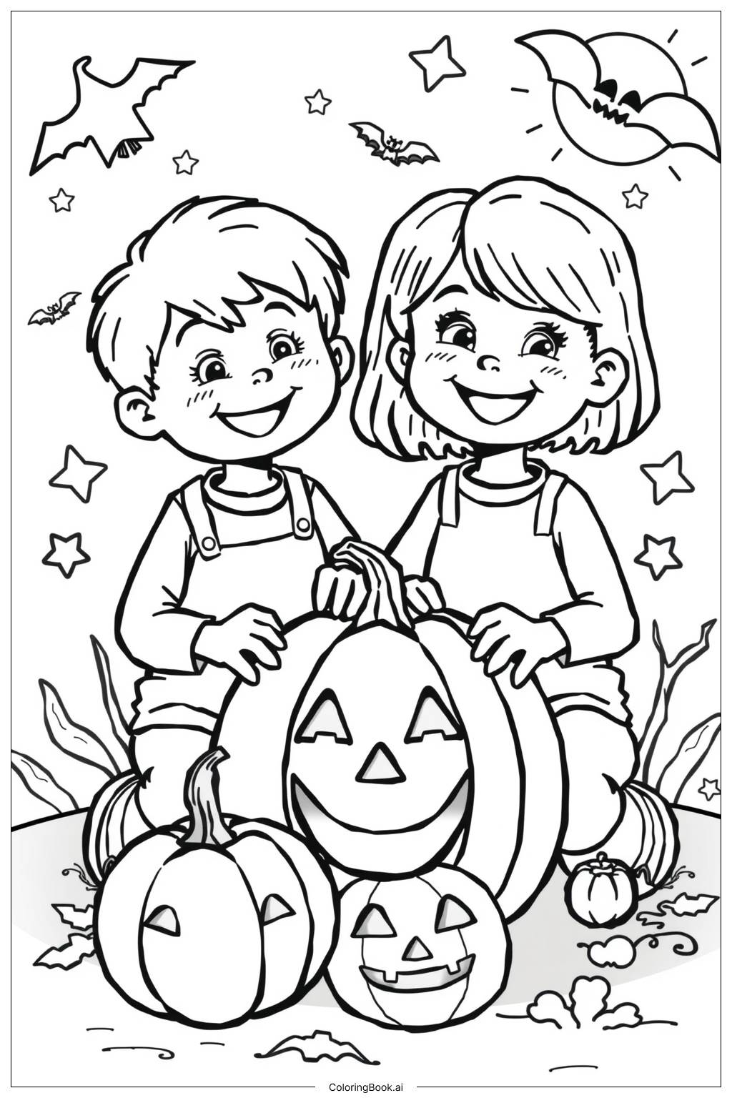  Página para colorear de Niños tallando calabazas en Halloween 