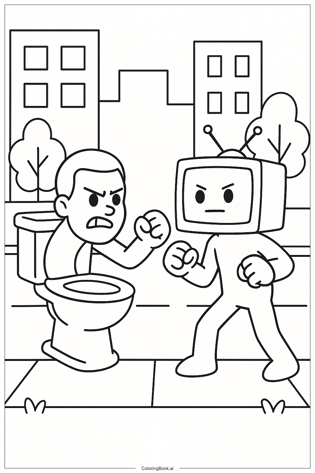  Page de coloriage Skibidi Toilette et Homme Télé Prêts à se battre 