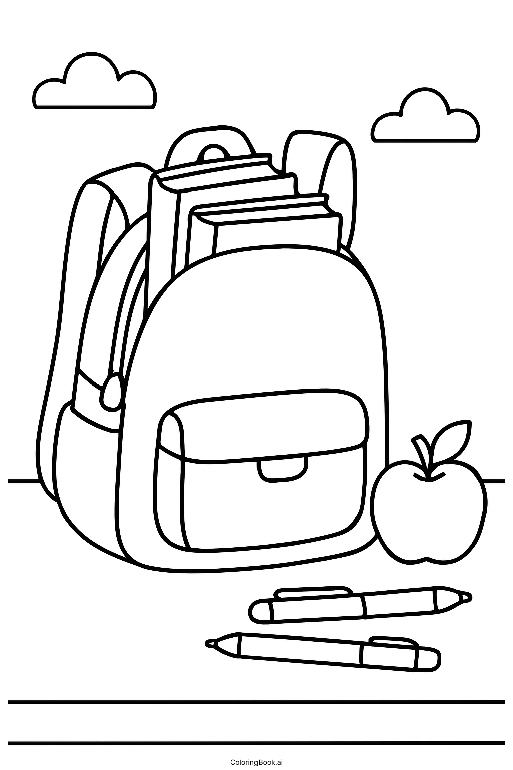  Page de coloriage Sac de Rentrée avec Livres et Stylos 