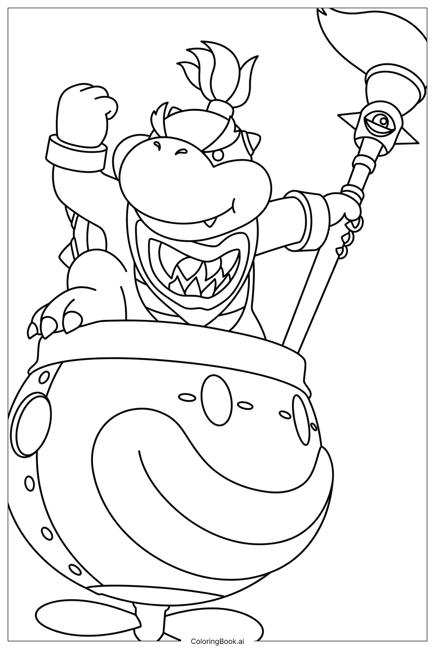 ペイントブラシで操縦するクッパJr.のクラウンカーの塗り絵ページ