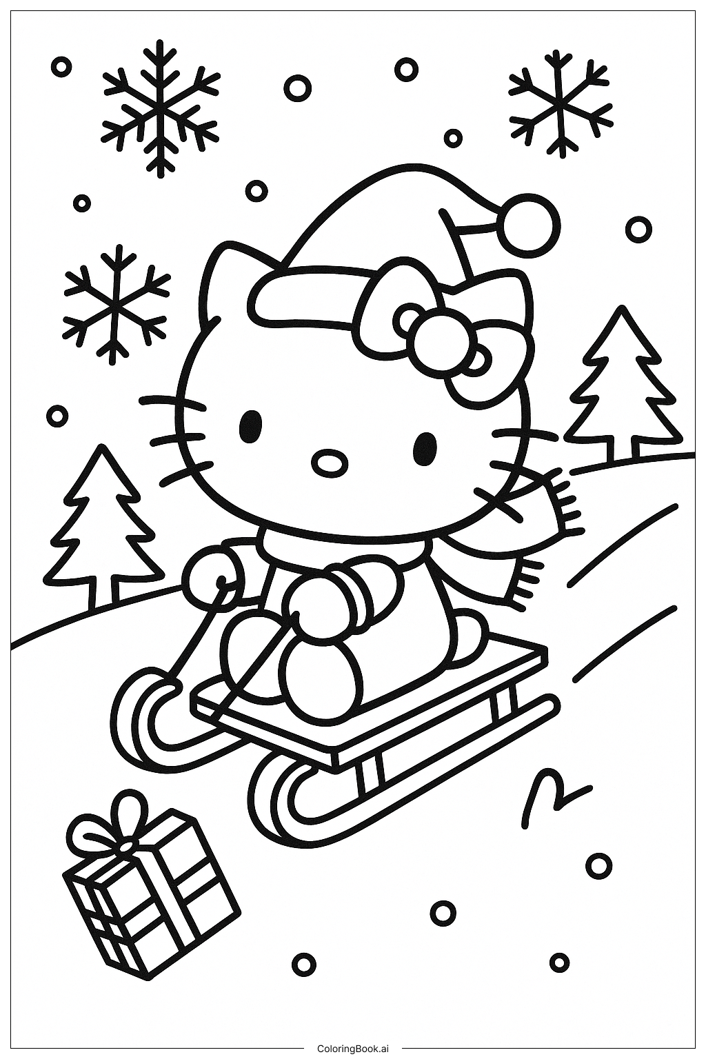  Hello Kitty Sledding Down A Snowy Hill Coloring Page 