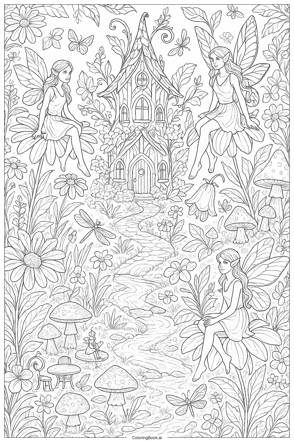  An Elaborate Summer Fairy Garden Coloring Page 