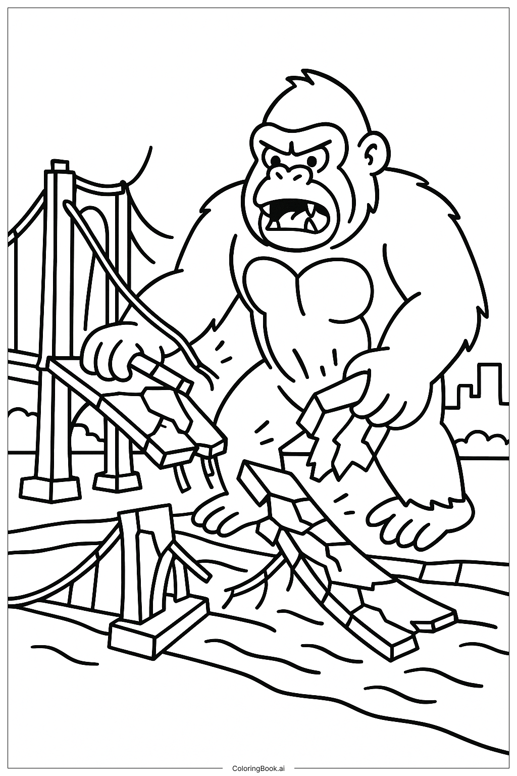  King Kong Shaking a Collapsed Bridge Coloring Page 